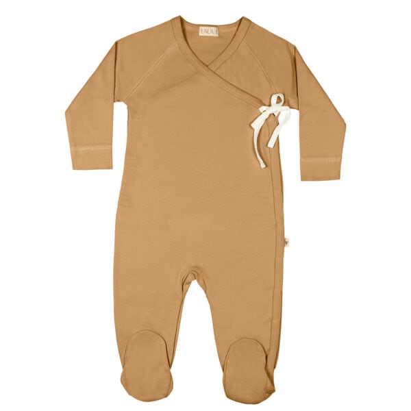 Baby kimono footie in pima cotton with bow - Mostaza - Lima Collection | UAUA Collections