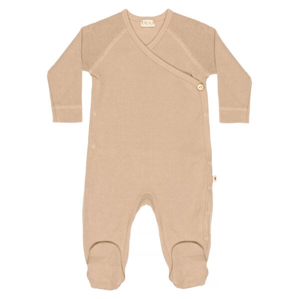 Baby kimono footie in pima cotton with snap button - biscotti | UAUA Collections